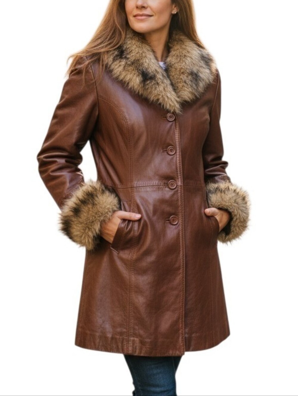Wilsons Leather Y2K Brown Genuine Leather Jacket Faux Fur Collar & Cuffs Size L